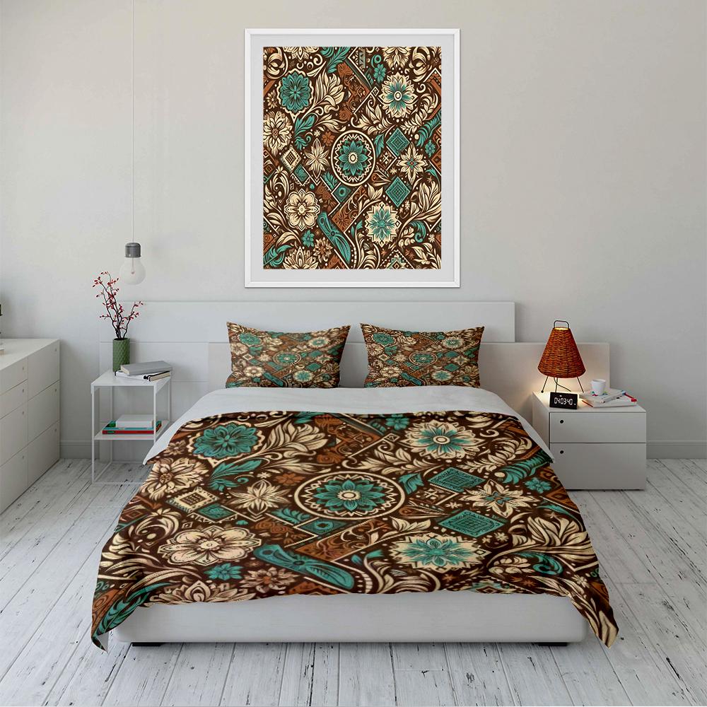 Floral Mandala Brown and Teal Bedding Set Bedding set (1 duvet cover, 2 pillowcases, duvet not included)