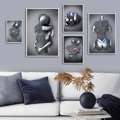 Metallfigur Statue Poster Romantisches Paar Liebende Skulptur Wandkunst Leinwandmalerei Abstrakte Bilder Heim Wohnzimmer Dekor