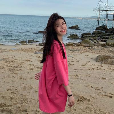 Summer New Couple Girlfriends Lazy Wind Clothes Missing Loose Medium and Long Short-sleeved T-shirt Women's Clothing