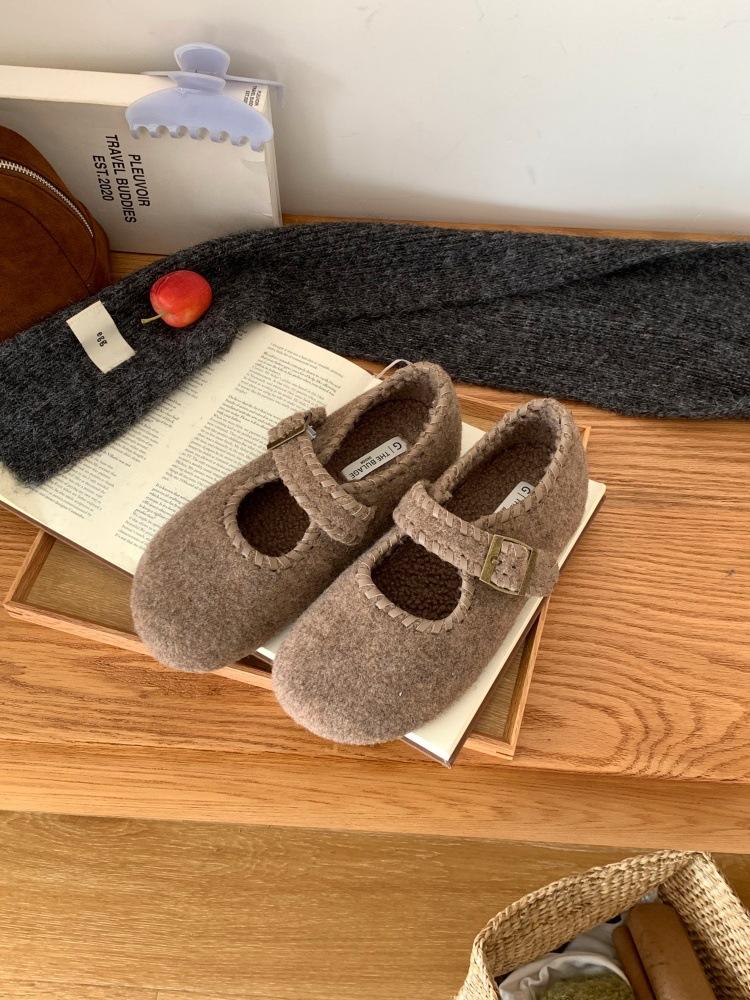Mori Woolen Inner Heightening and Velvet Birkenstock Women's Shoes Are All-inclusive, Autumn and Winter Lazy People Pedal Loafers, Mary Jane Single S