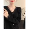 This Year's Trendy Black Lace V-Neck Knitted Sweater with Soft Inner Layer - French Style