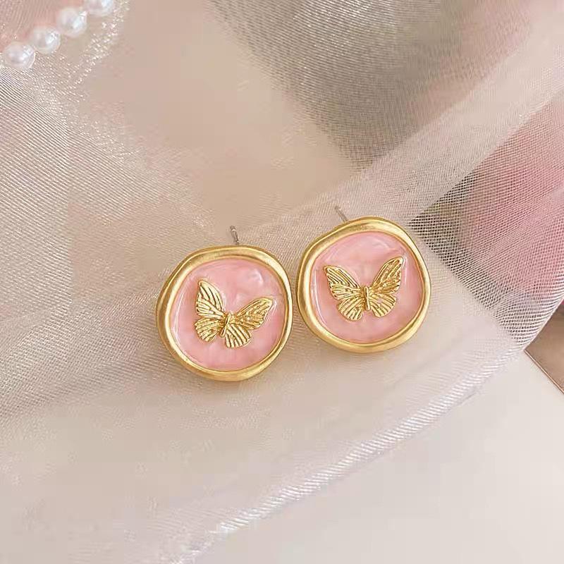 Enamel Pink Color Round Butterfly Stud Earring for Women Retro Luxury Simple Geometric Temperament Cute Zircon Brincos Gift