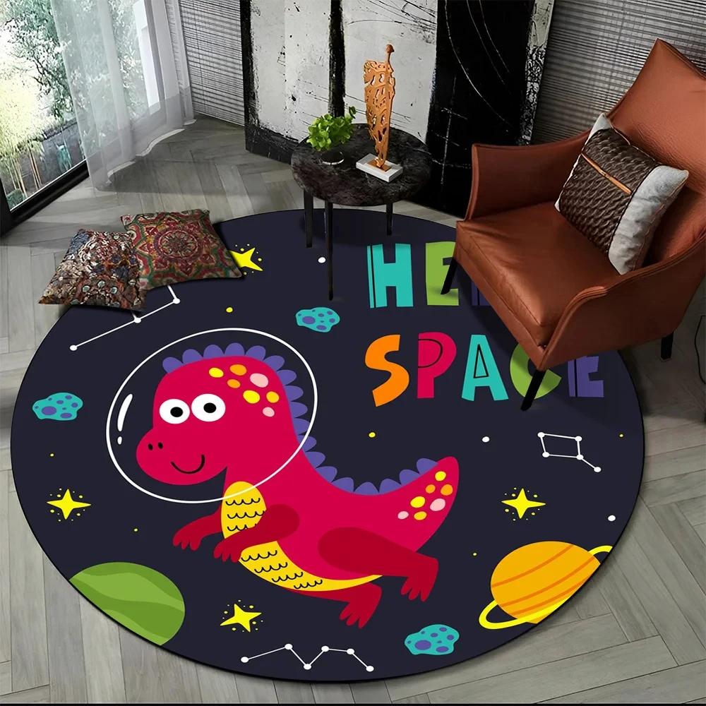 Cartoon Dinosaur Round Carpet Outer Space Cute Dino Area Rug for Living Room Bedroom Sofa Decor Non-slip Children's Crawling Mat