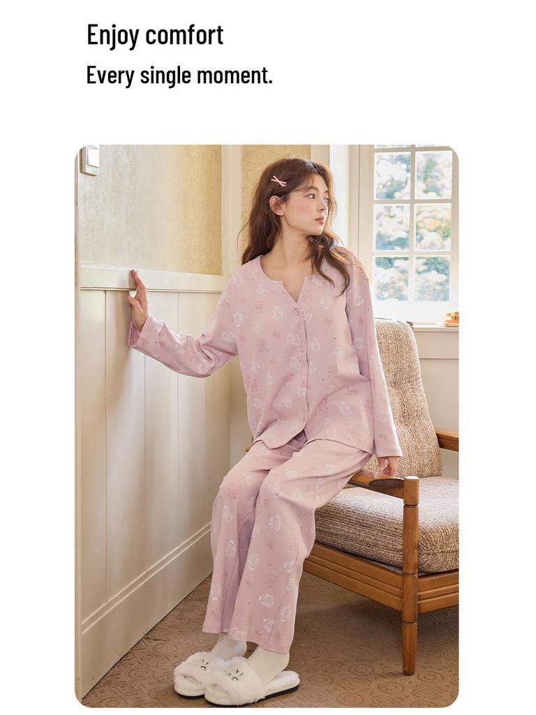 Korean Style Women's Pure Cotton Cartoon Pajama Set with Breast Pads - New 2025 Spring/Autumn Long Sleeve Homewear