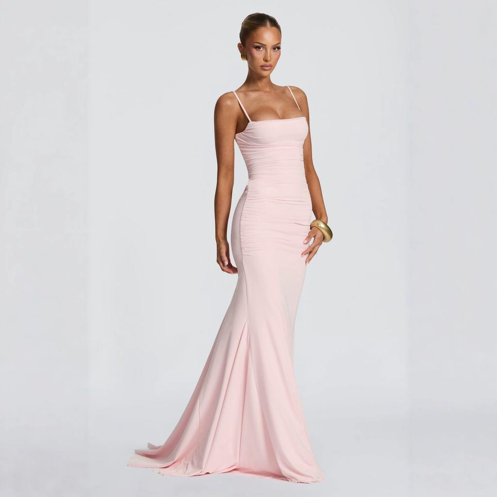Damen Spaghettiträger Maxikleid Ärmellos Raffung Bodycon Formelles Abendkleid