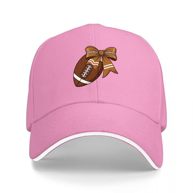 Football Bow Design Baseball Cap with Brown Ribbon and White Stripe Pattern on Black Adjustable Hat for Sports Fans