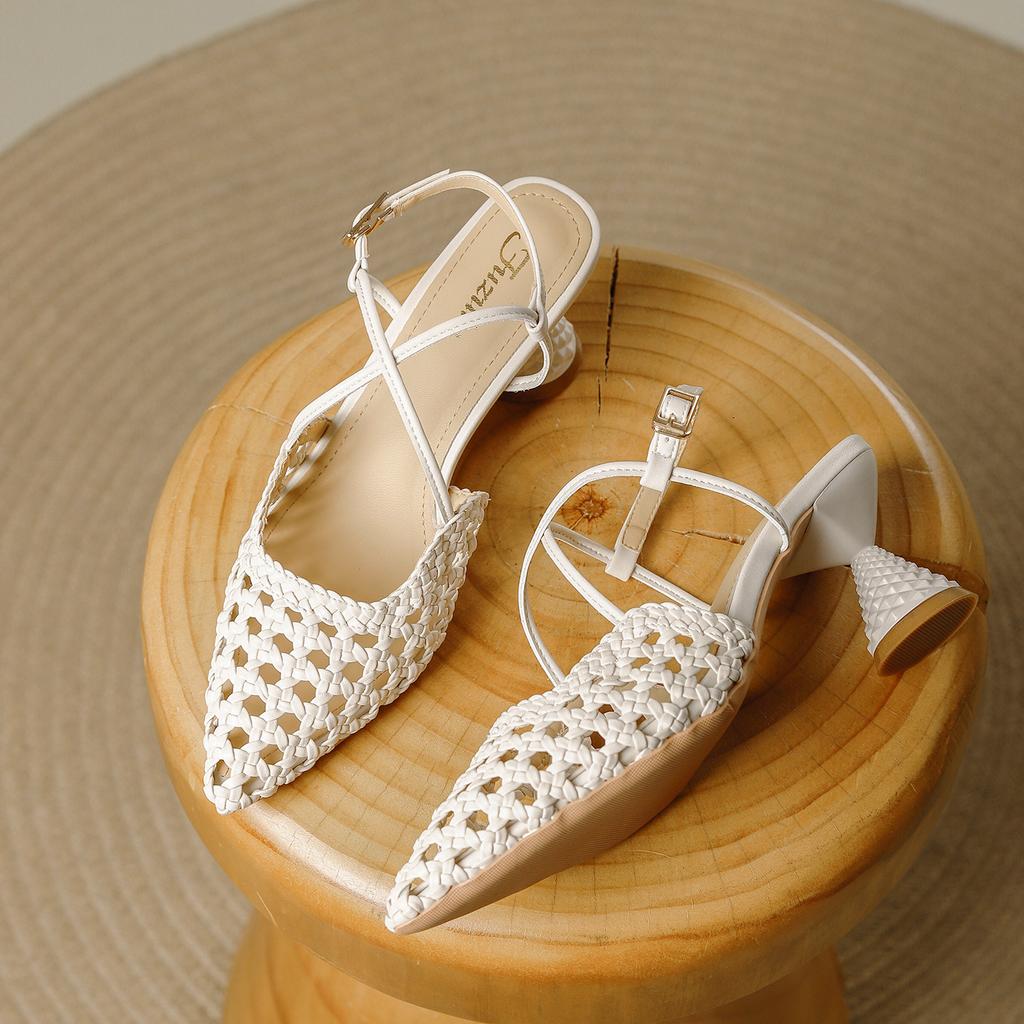 French Woven Bag Head Sandals Women's Summer 2025 New Pointed Cross Belt Hollow Fashion Versatile High Heels