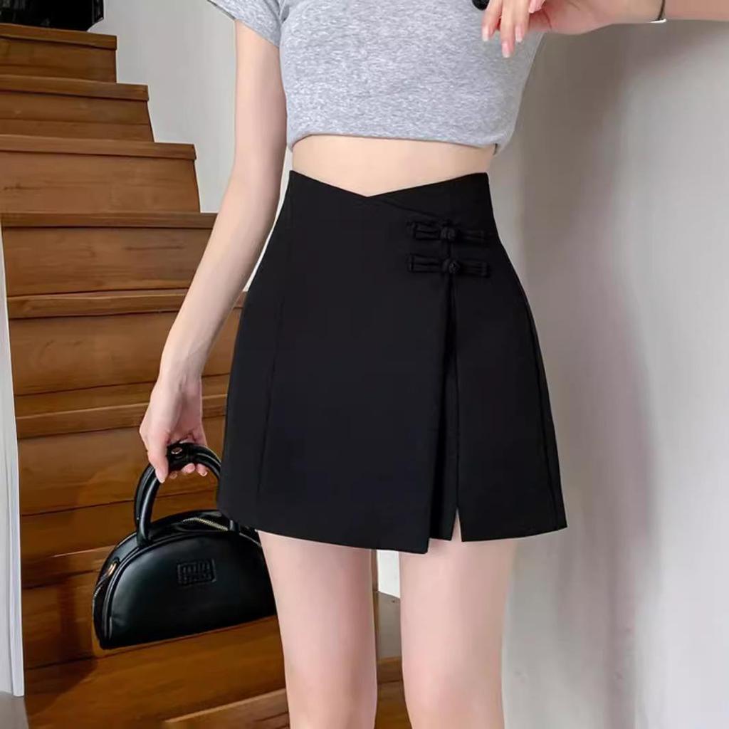 High Waist Chinese Style Midi Skirt with Irregular Frog Closure and Slit - Women's Summer Slimming A-Line Skirt Pants