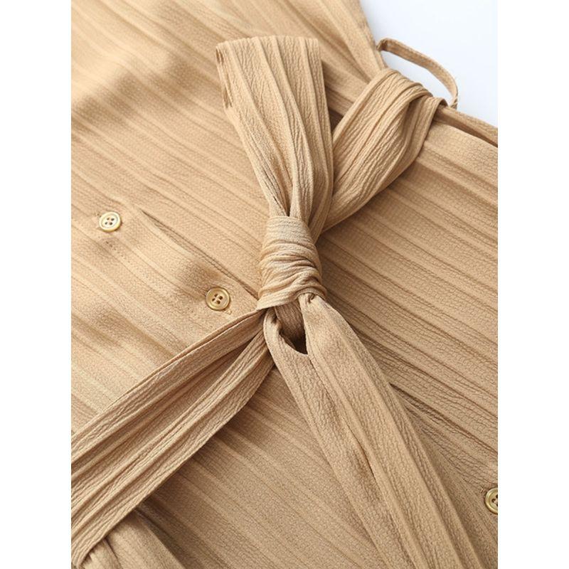Kaslead New Arrival Women's Fashion Style Fashion Pleated Tied V-neck Pure Color Puff Sleeve Dress Long Dress