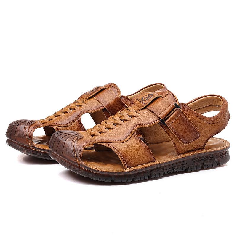 First layer cowhide sandals men's bag head summer wear casual beach shoes men's non-slip soft-soled hollow men's slippers