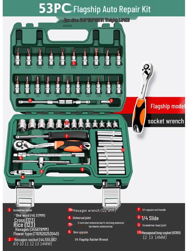 Green Forest Auto Repair Tool Set: Socket Wrench, Ratchet, Combination Tool Box.