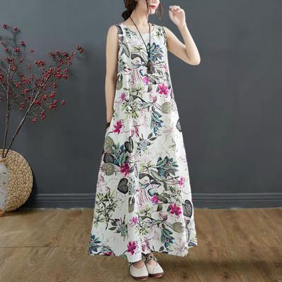 Summer O-Neck Sleeveless Lady Maxi Dress Floral Print Oversized Loose Hem Holiday Long Dress Female Clothing