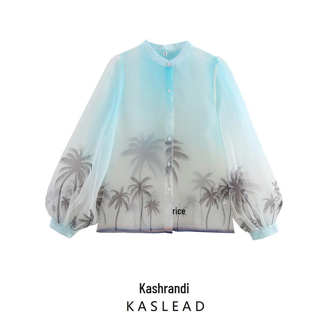 

2025 Spring Women s Fashion: European & American Style Versatile Print Organza Long Sleeve Shirt Extra Small