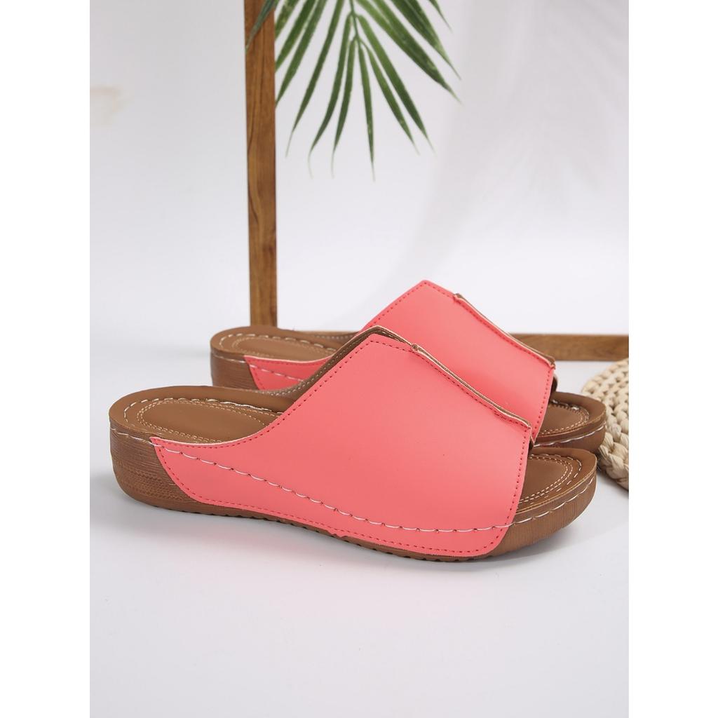 Slope Heel Thick Bottom Slippers,Women's Large Size Round Head Casual One Foot Stirrup Solid Color Slope Heel Sandal Slippers Women Outer Wear