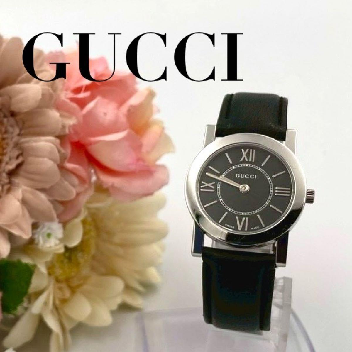 Used 951 New Battery GUCCI 5200L Date Watch Quartz Black Dial Leather Belt Ladies Round