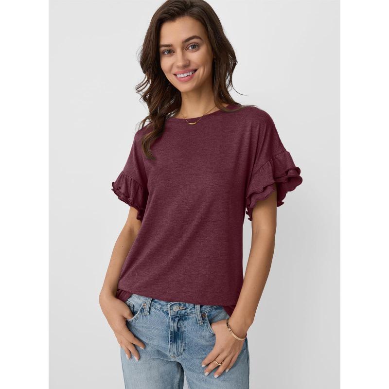 Spring and Summer New Solid Color Round Neck Ruffle Sleeve Short-sleeved T-shirt Top