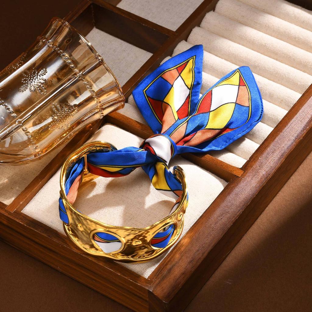 Silk Scarves Hollow Open Bangle Bracelet For Women, Chunky Wrist Cuff Wrap Bracelet Stainless Steel Gold Plated Wide Jewelry