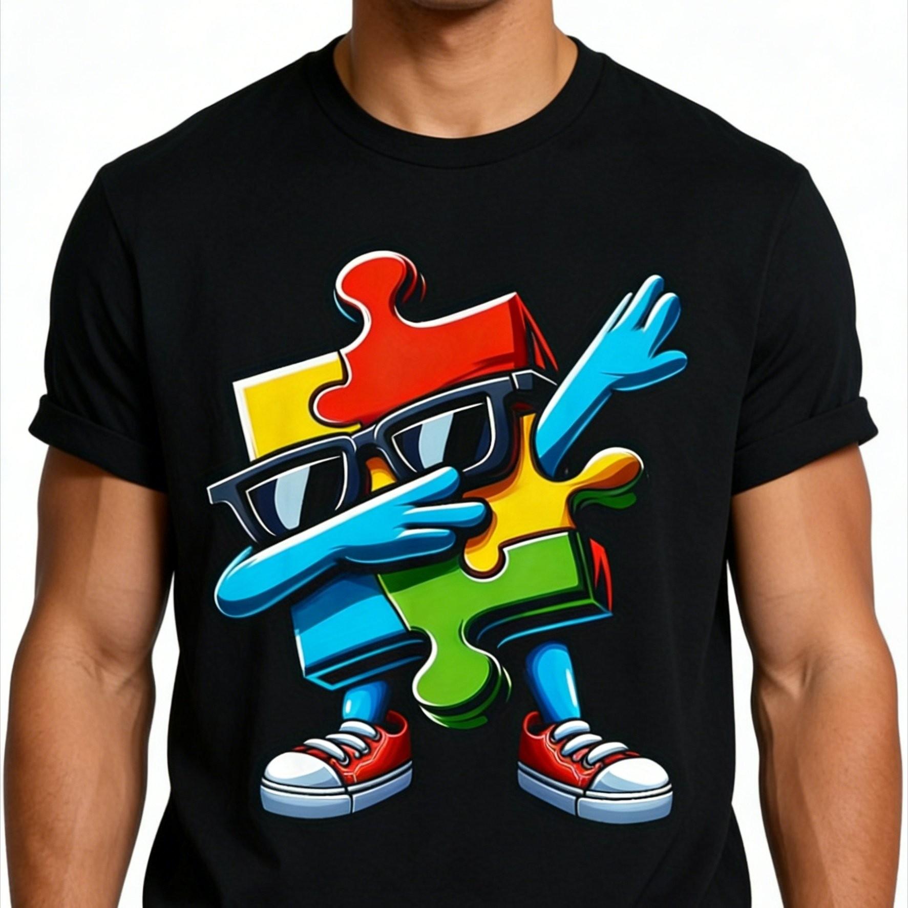 

Dabbing Puzzle Piece Autism Awareness Graphic T-Shirt Casual Short Sleeve Round Neck Tee S