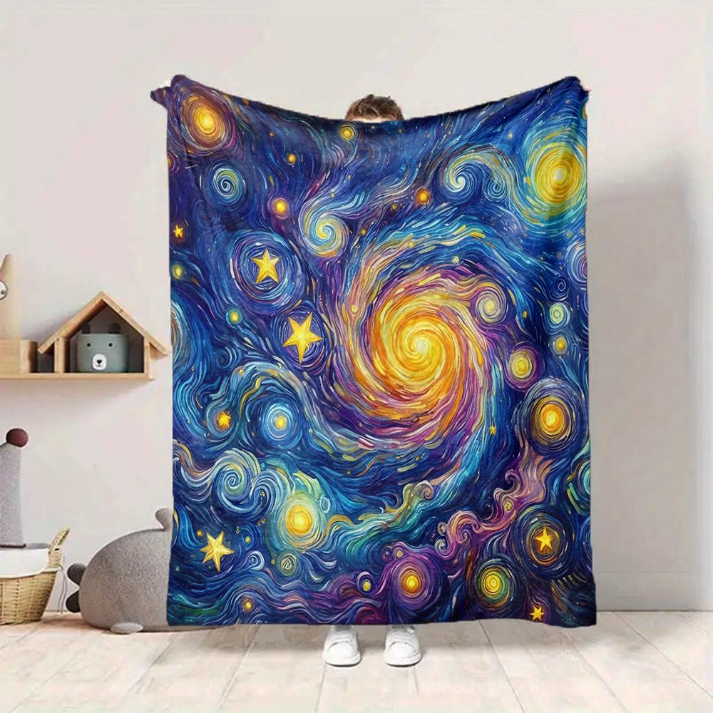 1pc Starry Night Cosmic Swirl Blanket, Lightweight Flannel Throw Blanket For Sofa, Bed, Travel, Camping, Living Room, Office, Couch, Chair, And Bed