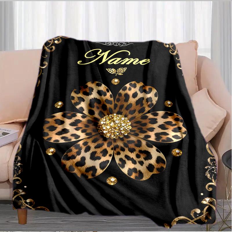 1PC Custom Name Golden Leopard Flower outdooor Flannel blankets Throw Blanket All-Season Throw Gift Bedspread for Couch, Bed, Camping Holiday Birthday