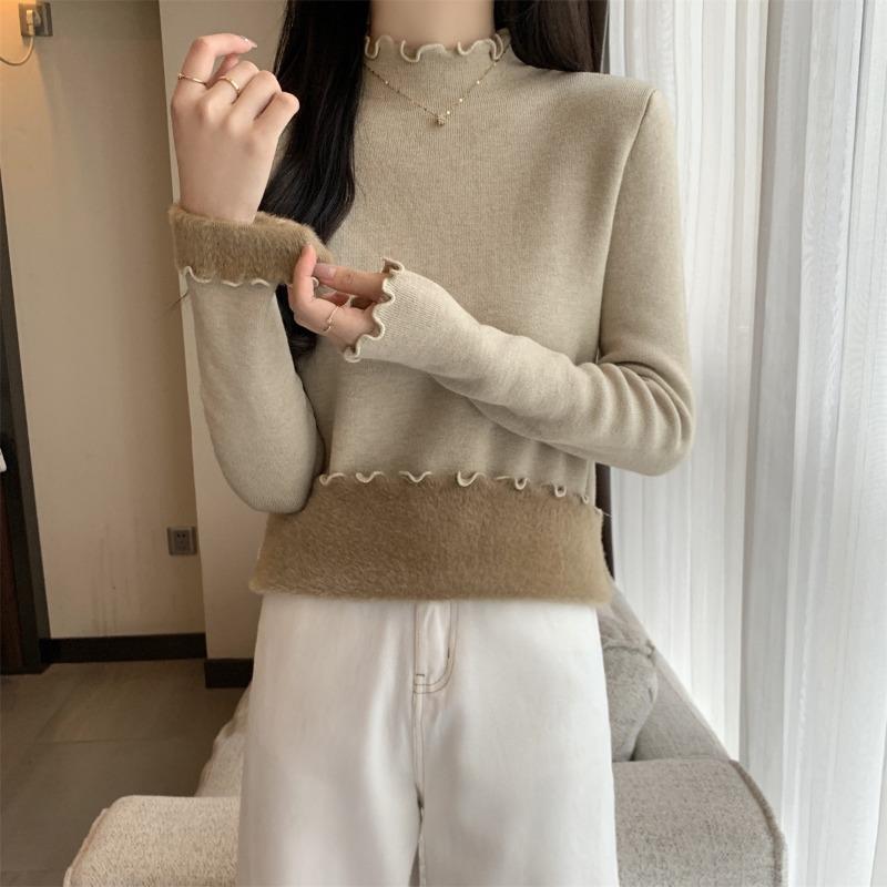 Autumn and winter warm semi-turtleneck knitted sweater women's fungus edge fleece sweater simple and versatile inner backing top