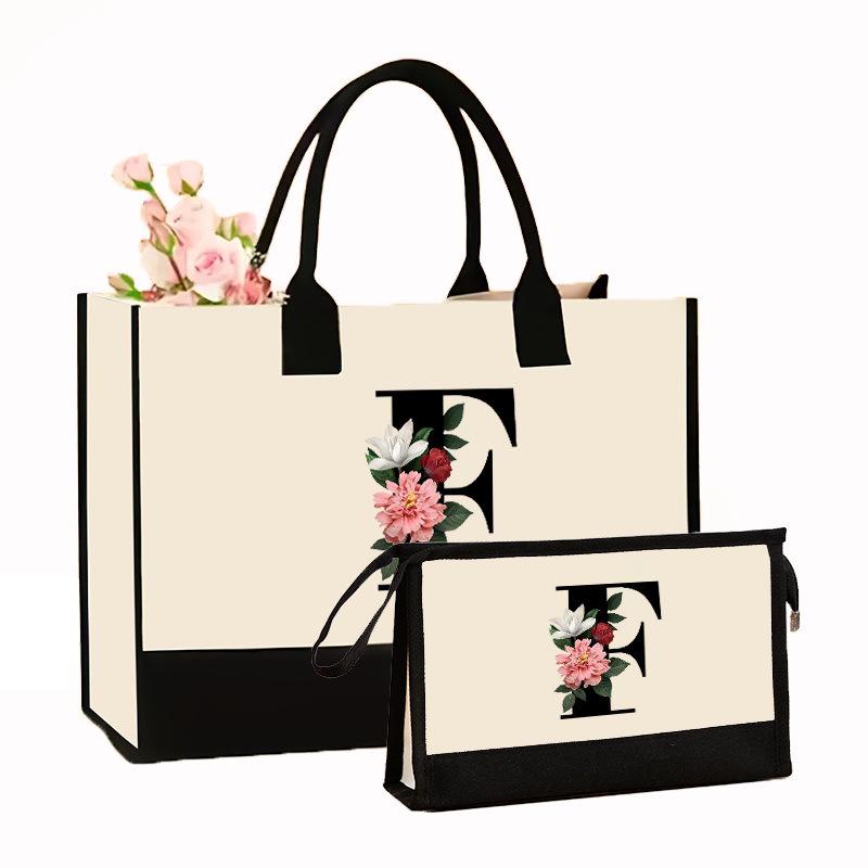 Canvas Shoulder Bag Makeup Set with Color Block Print & Portable Zipper Clutch
