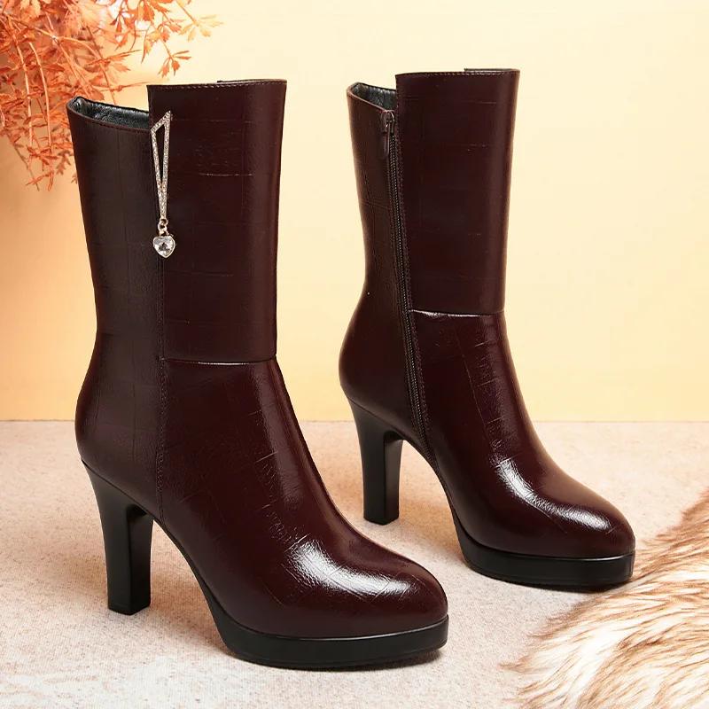 7cm 9cm Fashion Comfortable Soft Leather Boots Platform Shoes Winter  Mid Calf Block High Heels Fur Plush Boots Office Mom