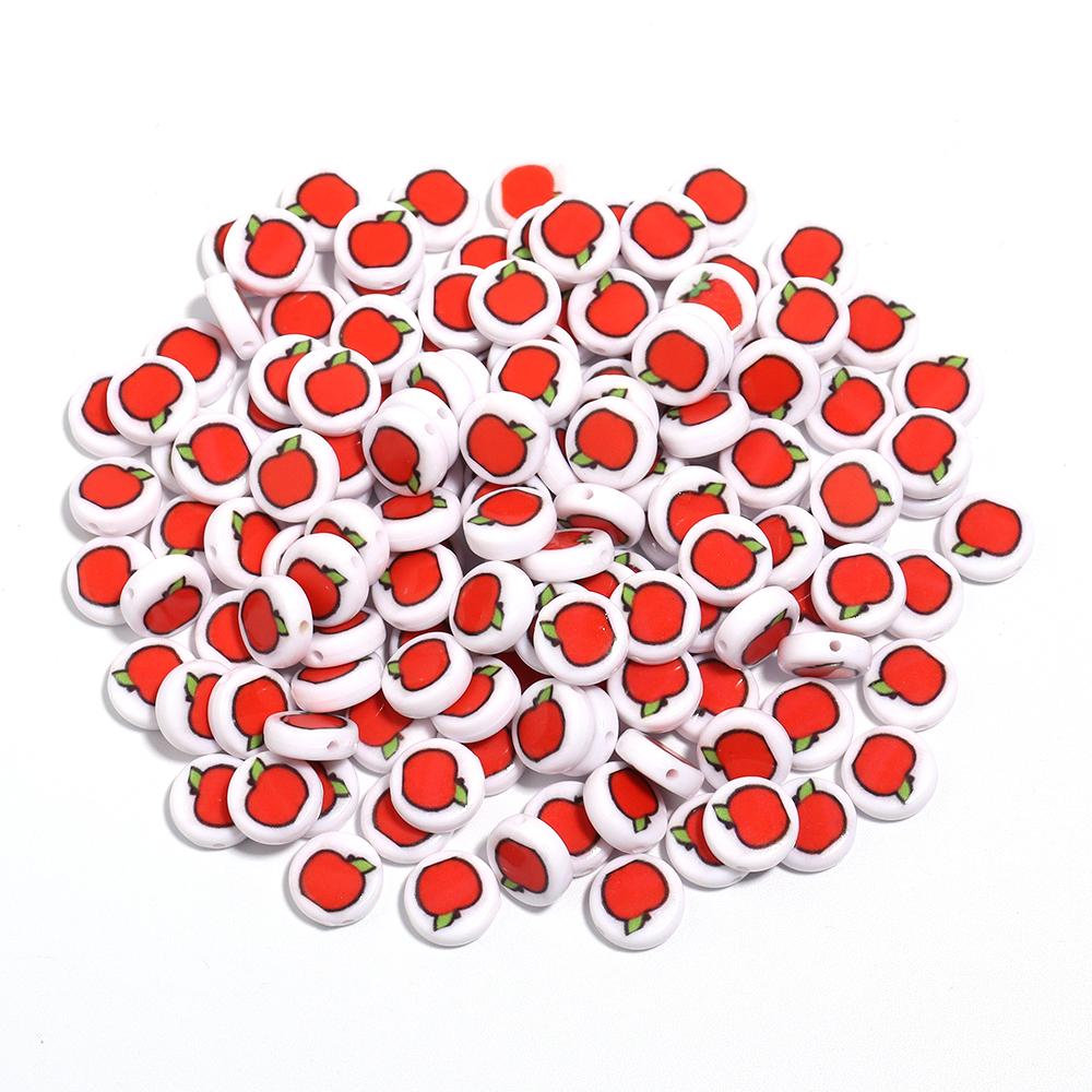 

50pcs/lot 11mm Acrylic Beads Red Fruit Cherry Apple Flat Round Loose Beads For Jewelry Making DIY Bracelets Necklace Accessories