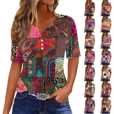 T-shirt imprimé boutonné à manches courtes pour femme, haut basique à col en V, idéal pour le quotidien, le week-end ou les loisirs