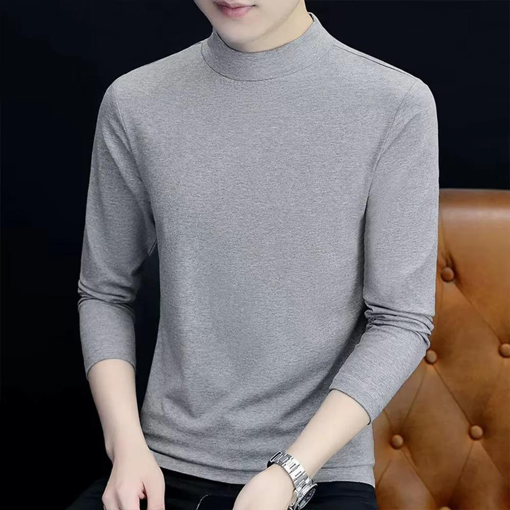

Весенняя новая мужская футболка с высоким воротом, длинный рукав, облегающий крой, однотонный цвет, высокая эластичная резинка, пуловеры, базовый стиль, мужские топы XXXL серый