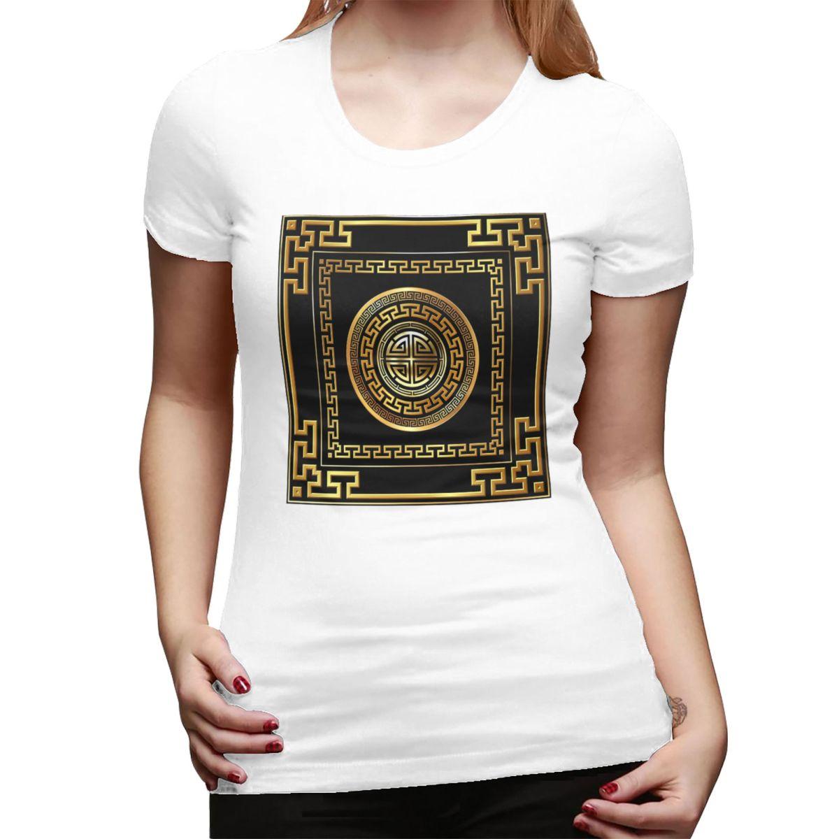 

Greek Key Meander Black Gold Large TShirt for Women Crew Neck Streetwear T Shirts Womens Short Sleeve Summer Clothes Tops S