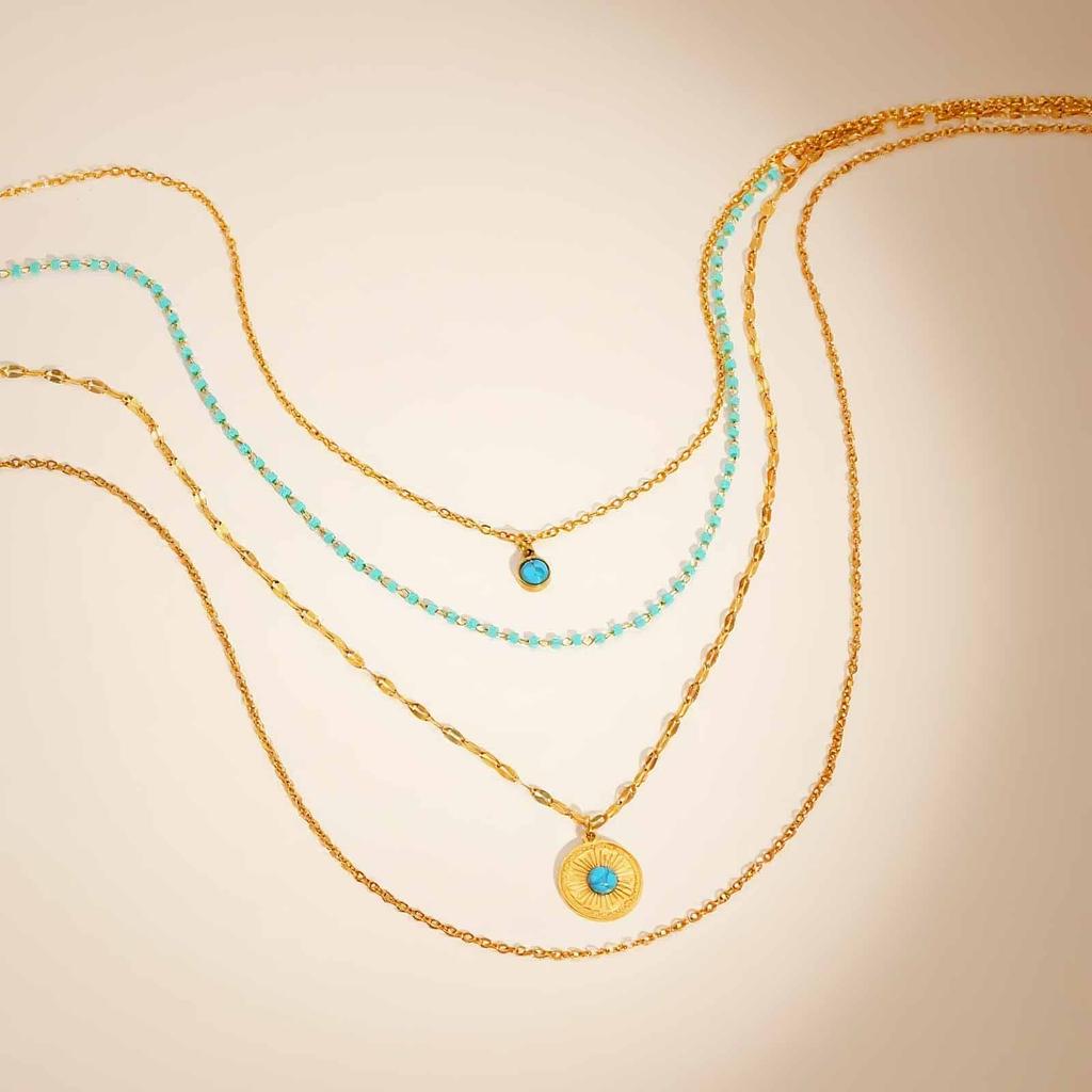 Round Natural Stone Pendant Necklaces,Stainless Steel Turquoise Four-layer Necklace for Women,Unique Jewelry Gift