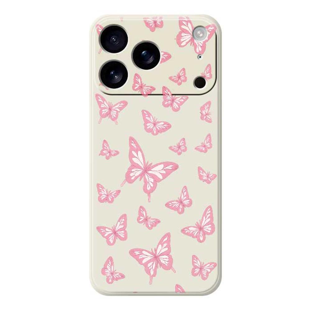 

For iPhone 17 Pro Max Case Pink Butterflies Pattern Printing Straight Edge TPU Phone Back Cover Beige