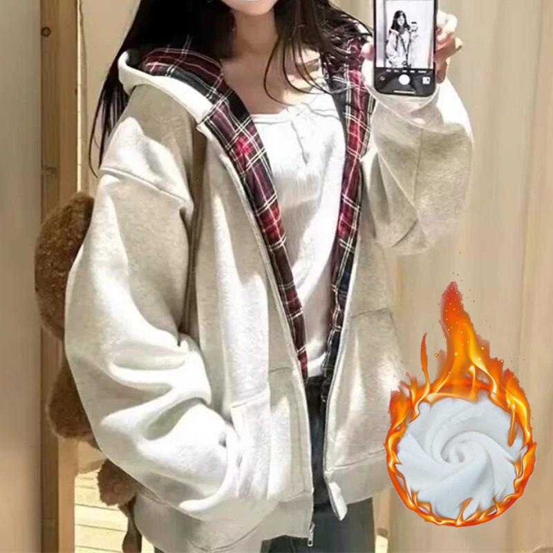 

Women s Oversized Plaid Lined Hoodie Casual Zip-Up Fleece Jacket Loose Long Sleeve Sweatshirt For Autumn Winter XXL сірий білий колір