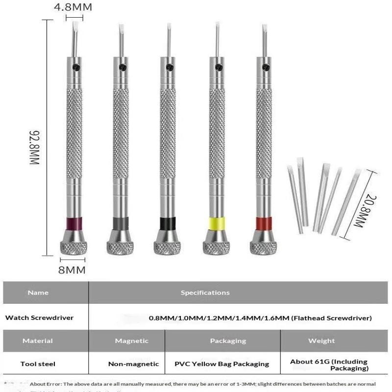 5Pcs Set 0.8-1.6Mm Steel Screwdriver For Watch Repairing Portable Watch Tools Band Removal With Mini Link Pins Watchmaker Tools