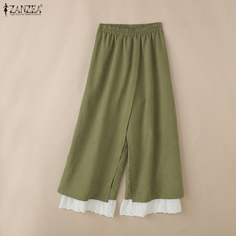ZANZEA Women Casual Elastic Waist Loose Ruffled Lace Hem Wide Leg Pants Long Trousers