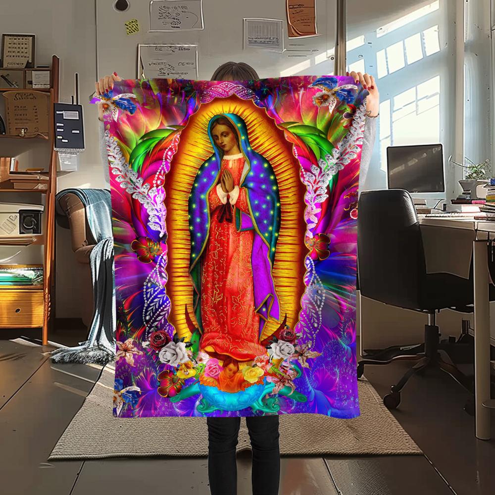 1Pc Virgin Mary Print Flannel Blanket, High quality Comfortable for All Seasons, Home Decor, Warmth and Comfort, Perfect for Christmas Gifts