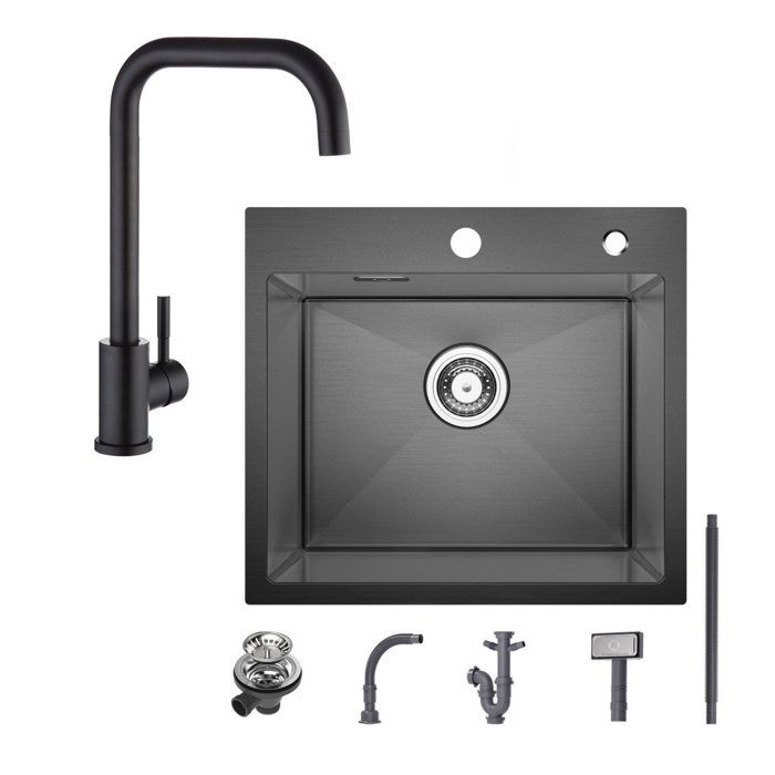 Evier cuisine 1 Bac 50×45CM inox Noir anthracite,mitigeur de cuisine Rotatif 360°