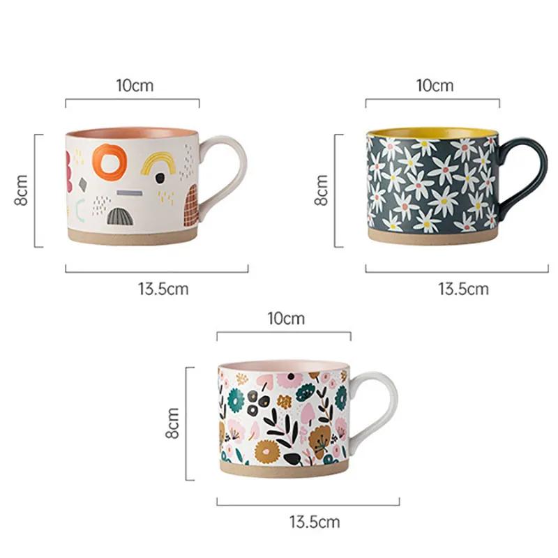Nordic Painted Flowers Ceramic Tea Coffee Cup Breakfast Dessert Ice Cream Cup Cartoon Couple Mug Gift Office Mug Home Decoration