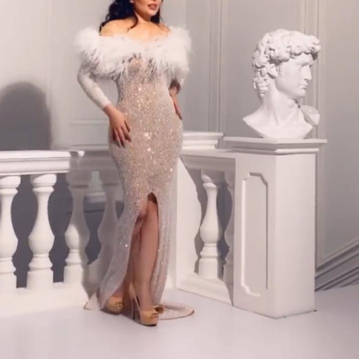2025 Gold Feather Split Evening Gown - Sexy European & American Style Women's Dress