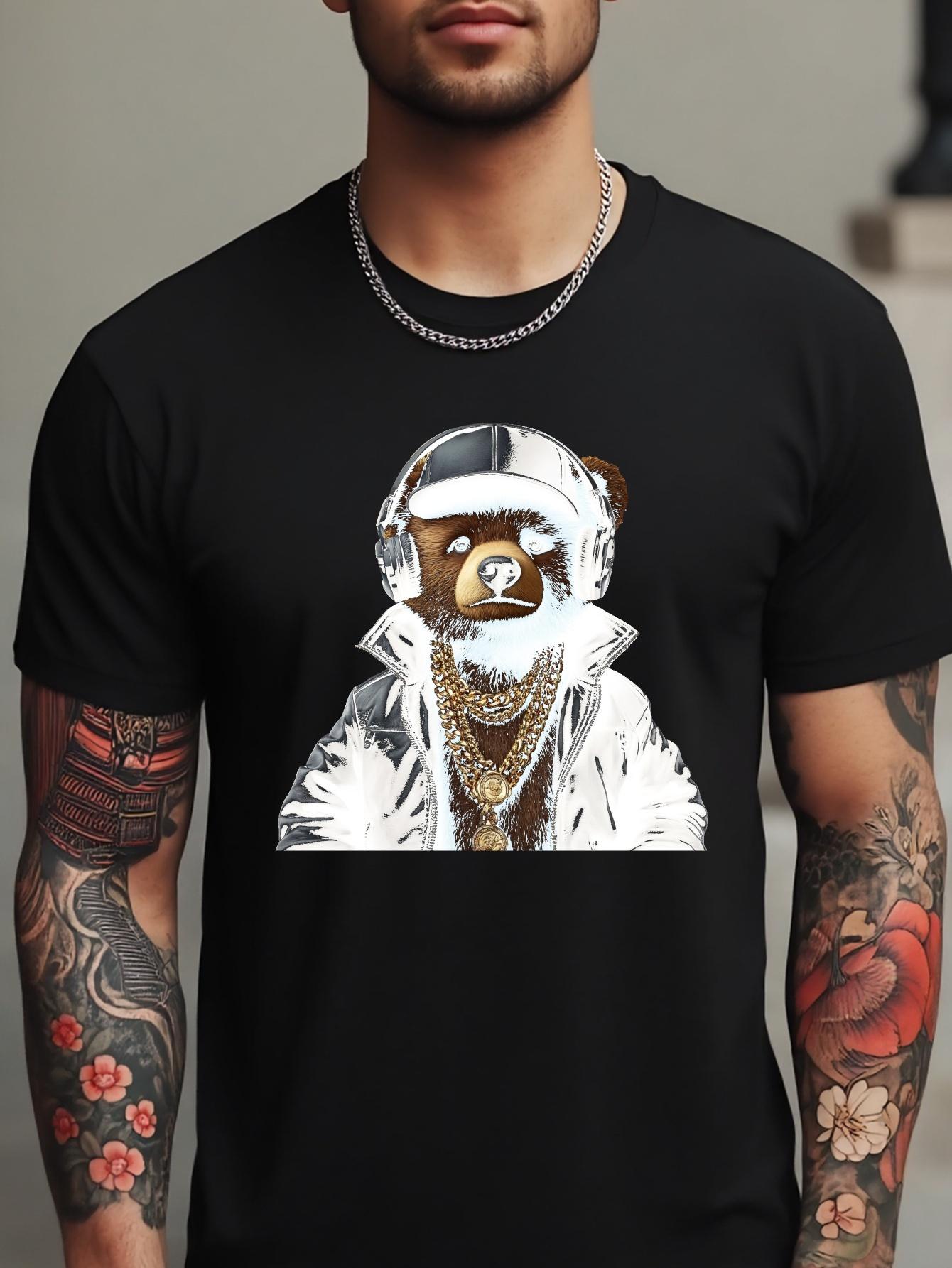 Casual Summer T-shirt with Bear Graphic - Black M