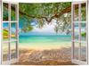 Coastal Window View Wall Hanging, Tropical Beach Ocean Green Tree Nature Landscape Art Fabric for Bedroom Living Room Decor