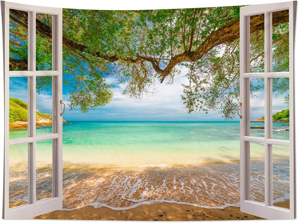 Coastal Window View Wall Hanging, Tropical Beach Ocean Green Tree Nature Landscape Art Fabric for Bedroom Living Room Decor