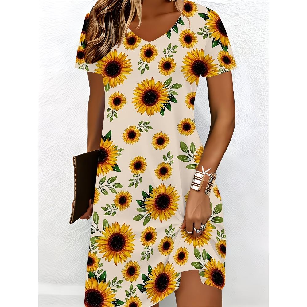 Summer Women's V-neck Short-sleeved Dress Elegant Floral Print Loose Casual Dress
