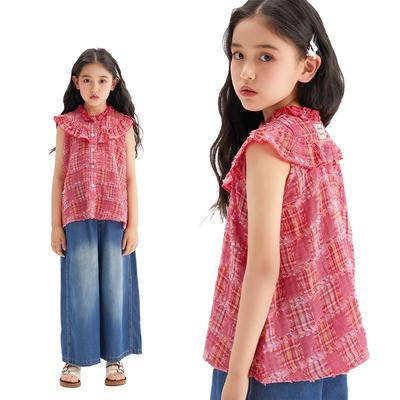 Barry Banny Rüschen Stilvoll Sommer Niedlich Karo Locker Größe für Grund- und Mittelschülerinnen Mädchenhemd, Bluse, 100% Baumwolle, Oberteil, Muster,