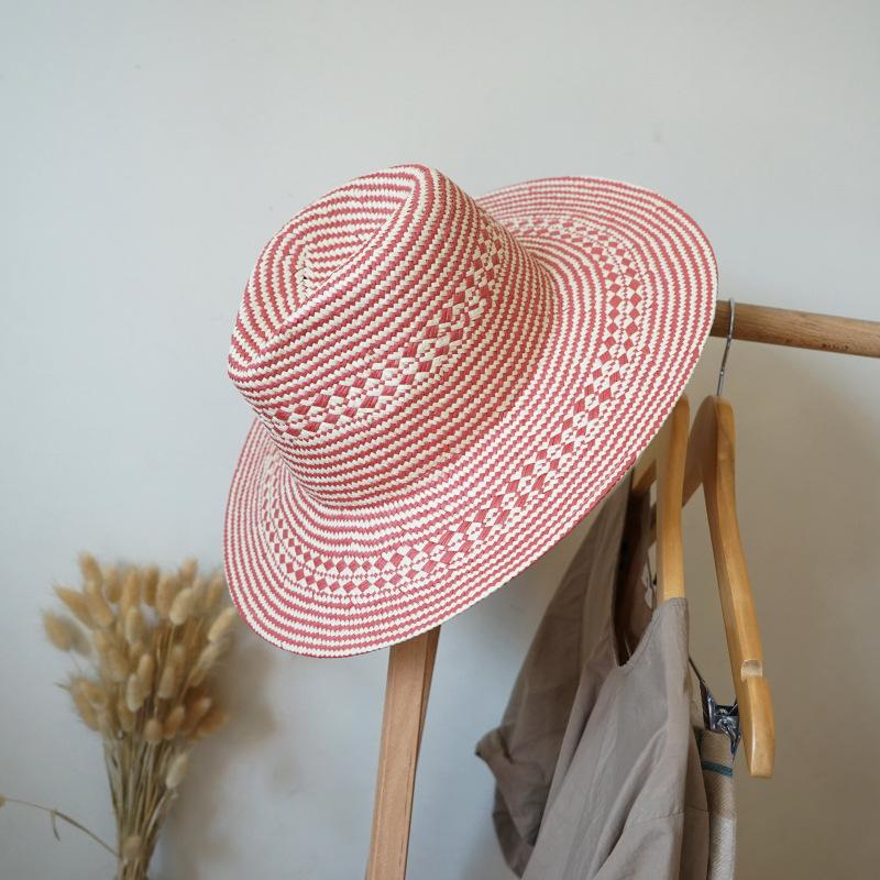 Retro Red Beige Big-Brimmed Vacation Straw Hat Summer Female Sunshade Sun Protection Beach Handmade Straw Flat Top Hat