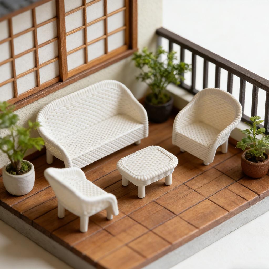 4 PCS Miniature White Wicker Tea Table & Chair Set Dollhouse Furniture Micro Landscape Props for Bedroom Fairy Garden Decor