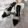 Fashion Luxury Glitter Strap Narrow Band Slides Women Summer Sexy Pointed Toe Super High Slippers Fashion Thin Heel Dress Party Sandals