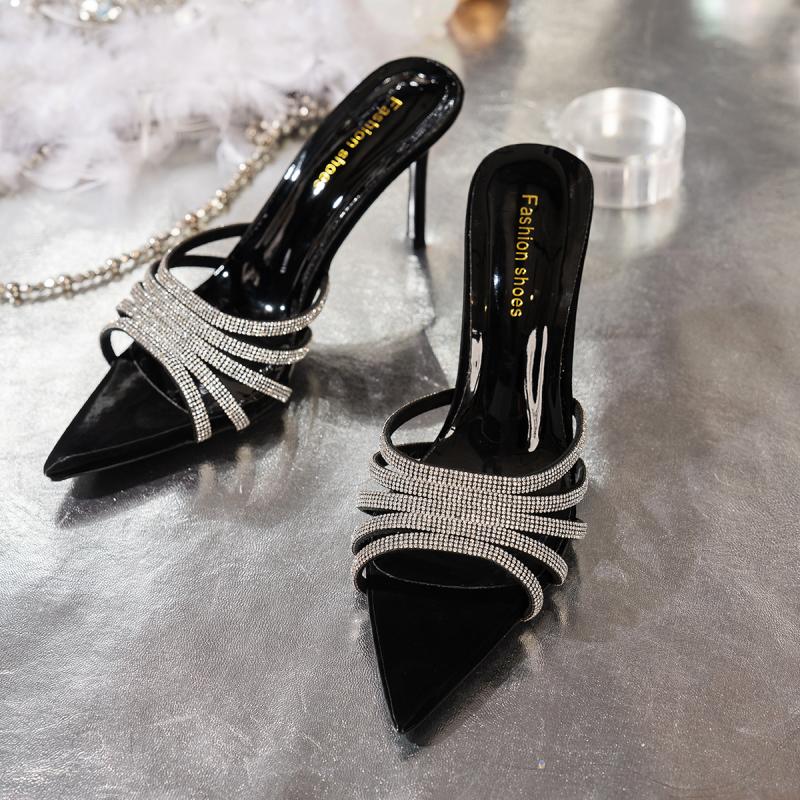 Fashion Luxury Glitter Strap Narrow Band Slides Women Summer Sexy Pointed Toe Super High Slippers Fashion Thin Heel Dress Party Sandals