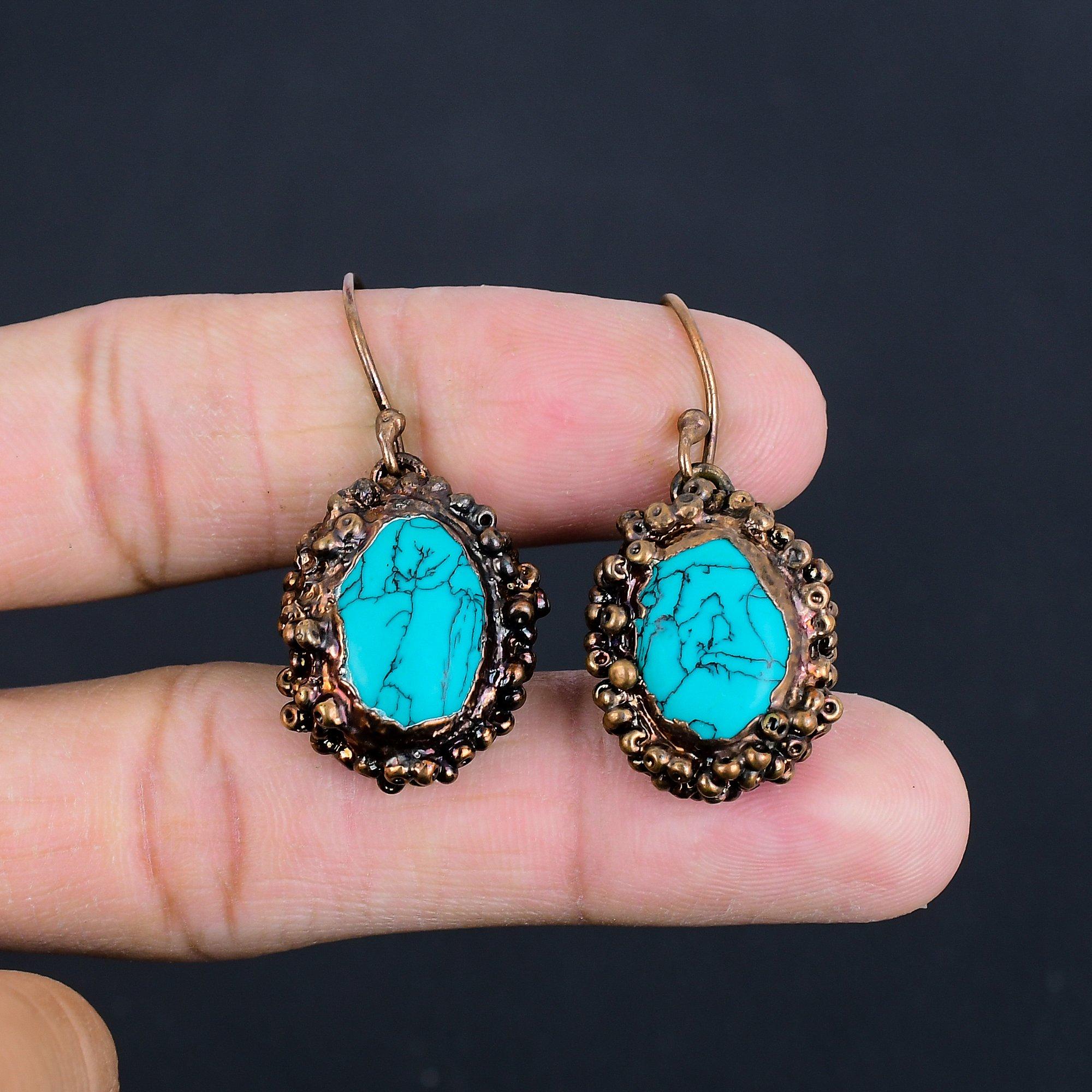 

Tibetan Turquoise Earrings Gemstone Jewelry, Copper Electroformed Handmade Earrings, Latest Design Jewelry 2.55 Inches